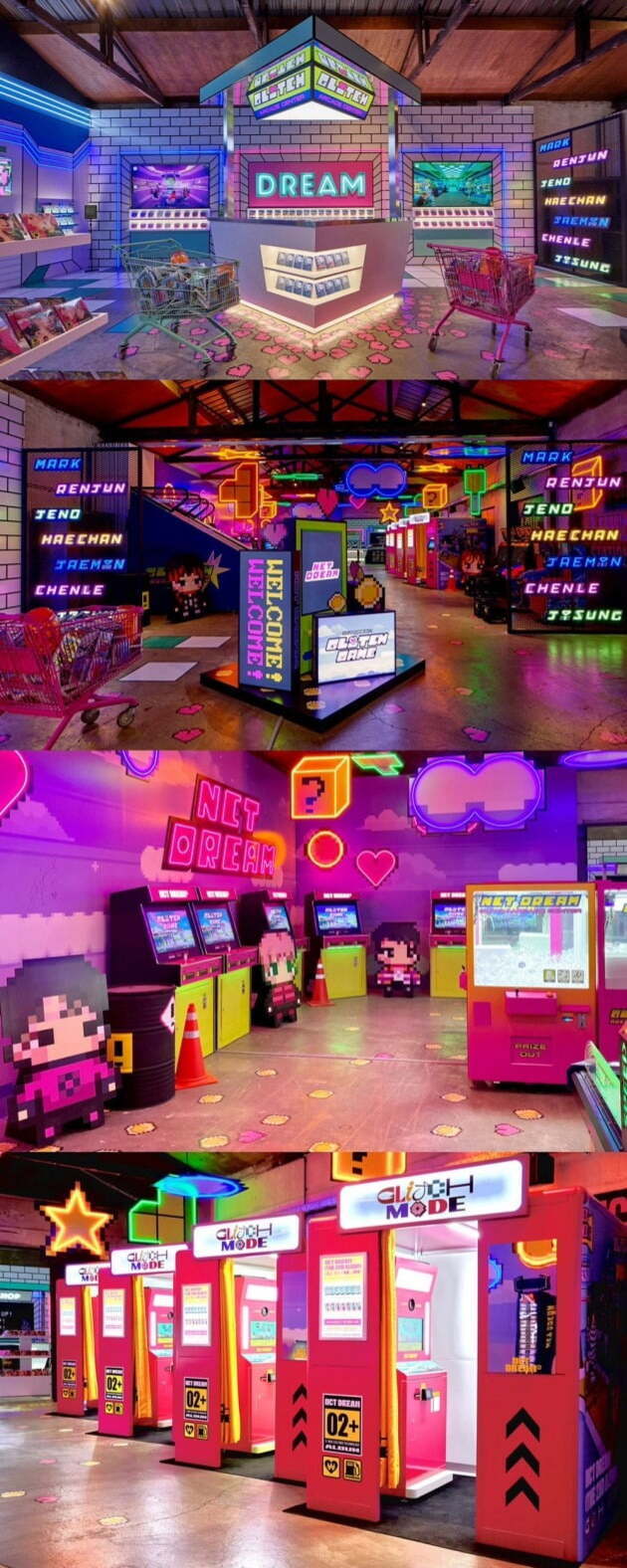 네온 조명과 픽셀 아트로 꾸며진 실내 게임 센터. DREAM, GLITCH MODE, NCT DREAM 등의 문구가 보이며, 아케이드 게임기와 인형 뽑기 기계, 쇼핑카트 및 캐릭터 피규어들이 곳곳에 배치되어 있다. 전체적으로 밝고 화려한 분위기의 테마 공간이다.