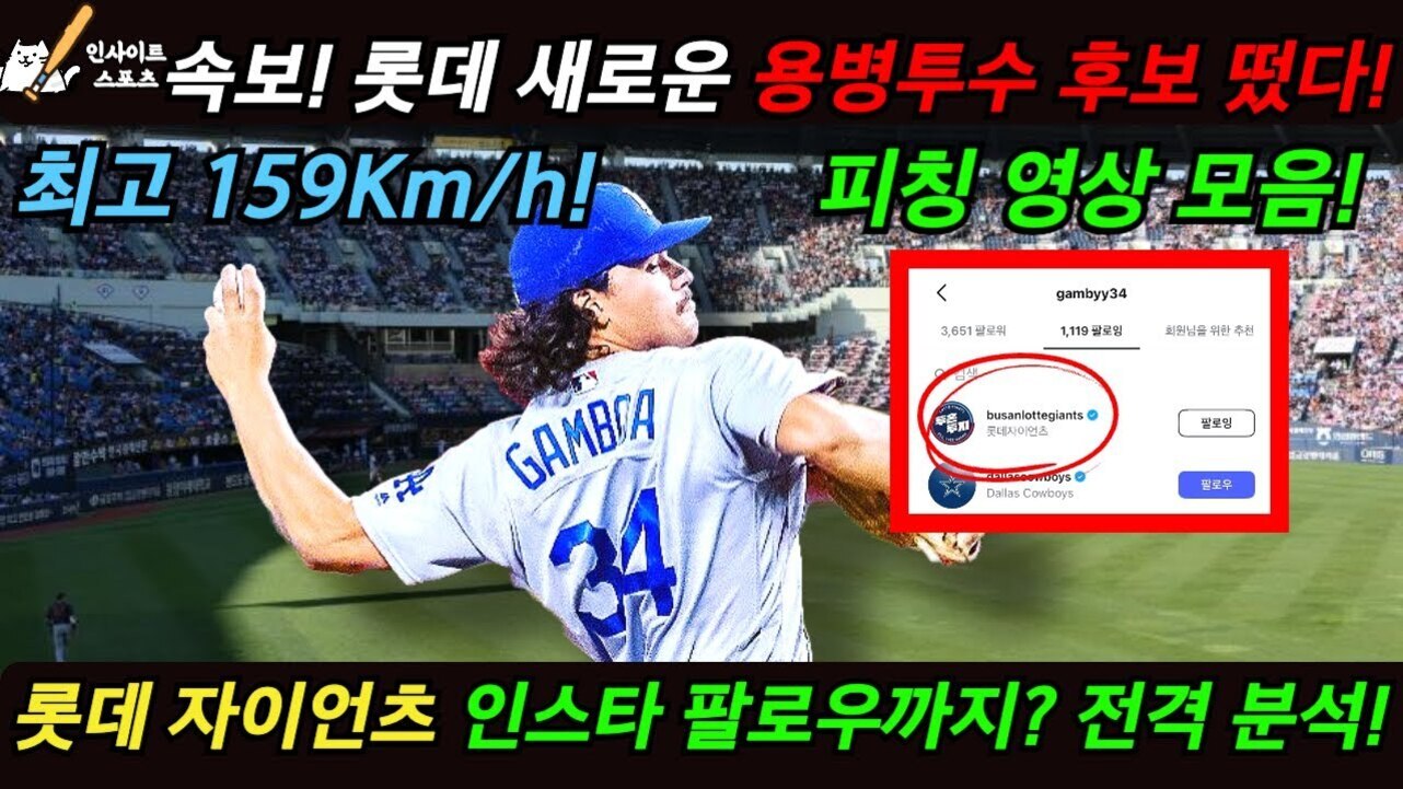 야구 경기장 배경에 롯데 자이언츠의 새 용병 투수 후보로 보이는 선수가 공을 던지는 모습과 함께, 인스타그램에서 'busanlottegiants' 계정을 팔로우한 화면이 강조되어 있다. 상단에는 '속보! 롯데 새로운 용병투수 후보 떴다!'와 '최고 159Km/h! 피칭 영상 모음!'이라는 문구가, 하단에는 '롯데 자이언츠 인스타 팔로우까지? 전격 분석!'이라는 문구가 있다.