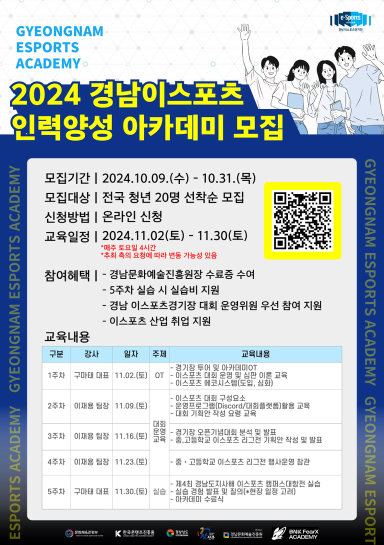 2024 경남이스포츠 인력양성 아카데미 모집 포스터. 모집기간은 2024년 10월 9일부터 10월 31일까지이며, 전국 청년 20명을 선착순으로 온라인 신청받는다. 교육일정은 11월 2일부터 11월 30일까지 매주 토요일이다. 참여 혜택과 교육 내용, 강사 및 일정 안내가 표로 구성되어 있으며, 우측에 QR코드가 있다.