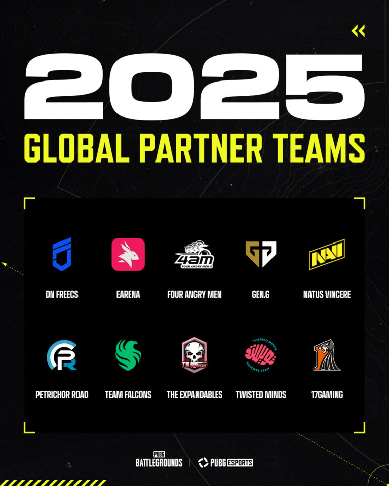 2025 GLOBAL PARTNER TEAMS라는 제목 아래 12개의 PUBG 이스포츠 글로벌 파트너 팀 로고와 이름이 나열되어 있다. 각 팀은 DN FREECS, EARENA, FOUR ANGRY MEN, GEN.G, NATUS VINCERE, PETRICHOR ROAD, TEAM FALCONS, THE EXPANDABLES, TWISTED MINDS, 17GAMING이다. 하단에는 PUBG BATTLEGROUNDS와 PUBG ESPORTS 로고가 있다.