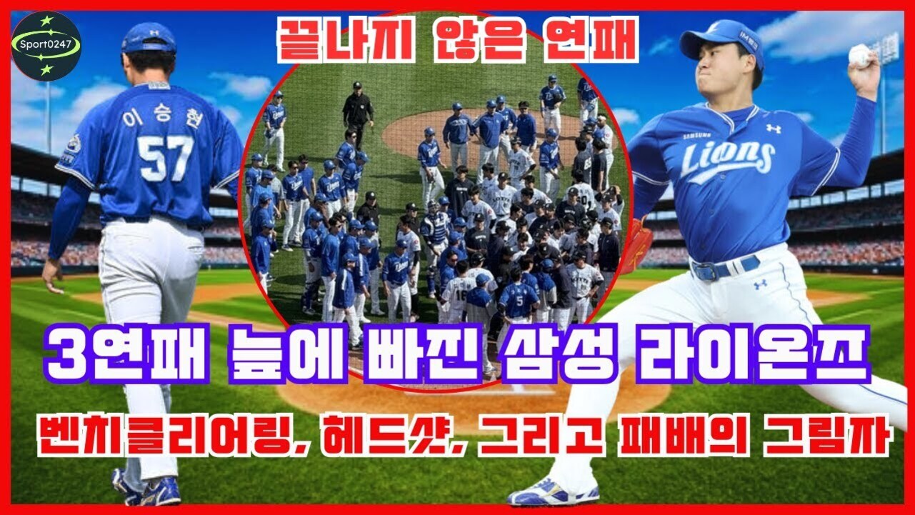 삼성 라이온즈 야구팀 관련 이미지로, 두 명의 삼성 라이온즈 유니폼을 입은 선수가 좌우에 있으며, 중앙에는 많은 선수들이 모여 있는 장면이 원형 프레임 안에 있다. 상단에는 '끝나지 않은 연패'라는 문구가, 하단에는 '3연패 늪에 빠진 삼성 라이온즈 벤치클리어링, 헤드샷, 그리고 패배의 그림자'라는 문구가 적혀 있다.