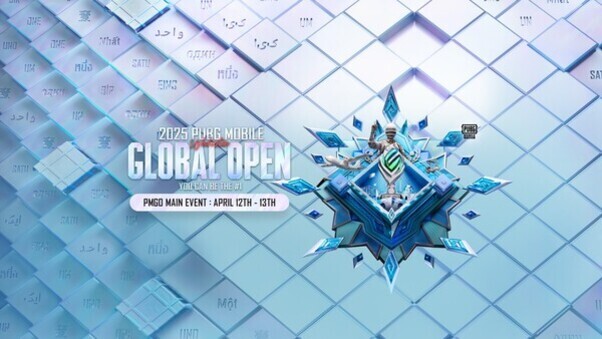 2025 PUBG MOBILE GLOBAL OPEN 대회 홍보 이미지로, 중앙에 푸른색의 화려한 엠블럼과 함께 'PMGO MAIN EVENT: APRIL 12TH - 13TH'라는 문구가 적혀 있다. 배경은 여러 언어로 된 단어들이 반복적으로 배열된 파란색 격자 무늬이다.