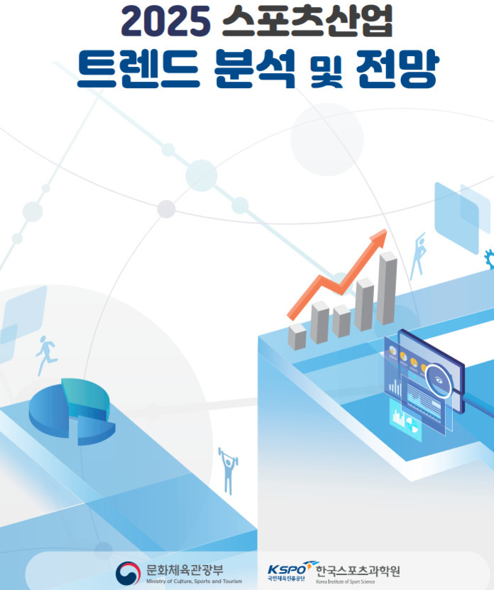 2025 스포츠산업 트렌드 분석 및 전망이라는 제목과 함께 그래프, 차트, 확대경 아이콘 등 데이터 분석을 상징하는 그림이 포함된 표지 이미지. 하단에는 문화체육관광부와 한국스포츠정책과학원의 로고가 있다.