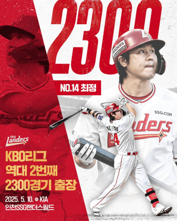 SSG 랜더스 소속 야구선수 최정이 2300경기 출장을 기념하는 포스터로, 선수의 사진과 함께 'KBO리그 역대 2번째 2300경기 출장'이라는 문구가 적혀 있다. 날짜와 장소는 2025년 5월 10일 인천 SSG랜더스필드.
