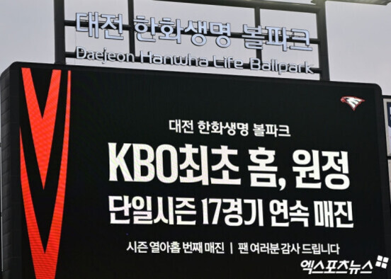 대전 한화생명 이글스파크 전광판에 'KBO 최초 홈, 원정 단일시즌 17경기 연속 매진'이라는 문구가 표시되어 있다.