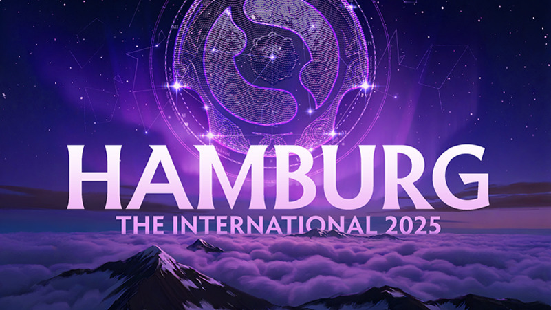 밤하늘과 구름 위 산봉우리 배경에 보라색 빛으로 'HAMBURG THE INTERNATIONAL 2025'라는 글자가 쓰여 있고, 상단에는 도타2 로고가 원형으로 디자인되어 있다.