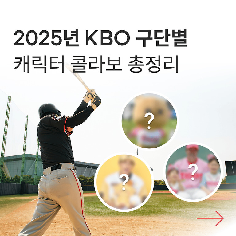 야구장에서 배트를 휘두르는 선수와 함께 '2025년 KBO 구단별 캐릭터 콜라보 총정리'라는 문구가 쓰여 있으며, 오른쪽에는 세 개의 흐릿한 원 안에 물음표가 들어있다.