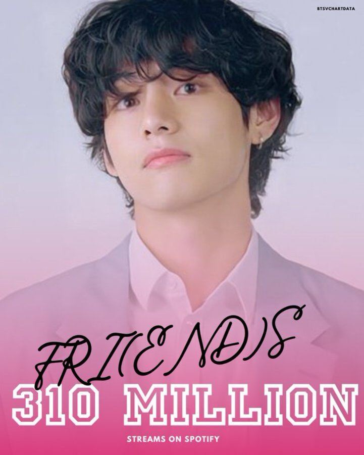 어깨 길이의 검은 머리를 가진 인물이 연보라색 배경 앞에 서 있으며, 이미지 하단에는 'FRIENDS 310 MILLION STREAMS ON SPOTIFY'라는 문구가 적혀 있다.
