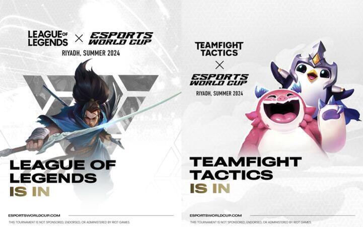 2024년 리야드에서 열리는 Esports World Cup에 '리그 오브 레전드'와 '팀파이트 택틱스'가 참가한다는 내용을 알리는 포스터로, 왼쪽에는 리그 오브 레전드 캐릭터 야스오가, 오른쪽에는 팀파이트 택틱스의 펭귄 캐릭터들이 그려져 있다.
