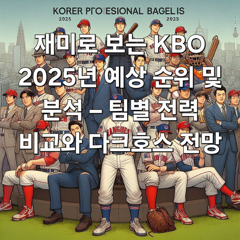 여러 명의 야구 선수와 정장 차림의 인물들이 단체로 서 있고, 배경에는 도시 풍경이 보인다. 이미지 중앙에 '재미로 보는 KBO 2025년 예상 순위 및 분석 - 팀별 전력 비교와 다크호스 전망'이라는 한글 문구가 크게 쓰여 있다.