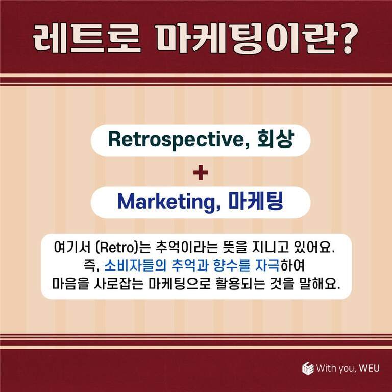 레트로 마케팅이란 무엇인지 설명하는 이미지. 'Retrospective, 회상'과 'Marketing, 마케팅'의 조합으로, 소비자들의 추억과 향수를 자극해 마음을 사로잡는 마케팅임을 안내하고 있다.