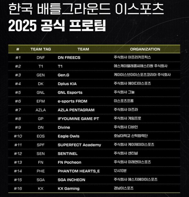 한국 배틀그라운드 이스포츠 2025 공식 프로팀 목록 이미지. 각 팀의 번호, 팀 태그, 팀명, 운영 조직이 표 형태로 나열되어 있음. DNF(DN FREES), T1(T1), GEN(Gen.G) 등 총 16개 팀이 포함됨.