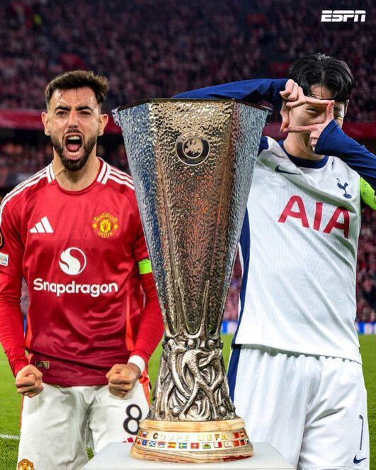 맨체스터 유나이티드 선수와 토트넘 홋스퍼 선수가 UEFA 유로파리그 트로피 앞에 나란히 서 있는 합성 이미지