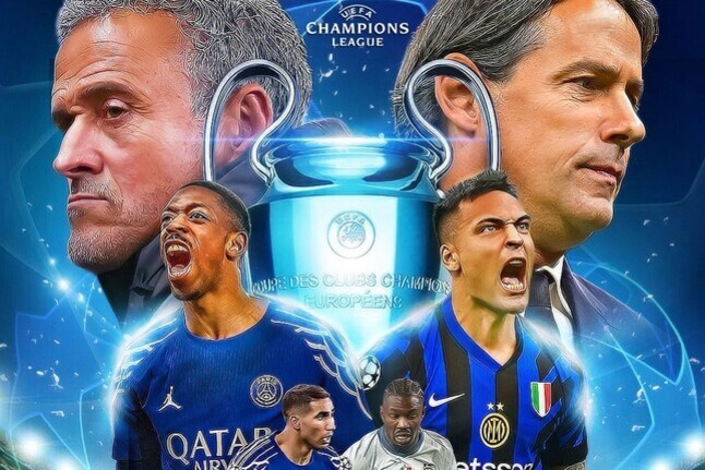 UEFA 챔피언스리그 트로피를 배경으로 두 명의 감독과 여러 축구 선수가 등장하는 포스터 이미지