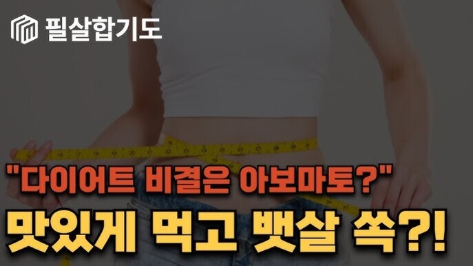 흰색 크롭티를 입은 사람이 허리 둘레에 노란 줄자을 감고 있으며, 상단에는 '필살합기도' 로고와 함께 '다이어트 비결은 아보마토?', '맛있게 먹고 뱃살 쏙?!'이라는 문구가 강조되어 있다.
