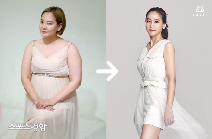 한 여성의 체중 감량 전후를 비교하는 이미지로, 왼쪽에는 통통한 모습의 여성이 연한 베이지색 드레스를 입고 있고, 오른쪽에는 날씬해진 모습의 여성이 흰색 원피스를 입고 있다. 가운데에 흰색 화살표가 두 이미지를 연결하고 있다.