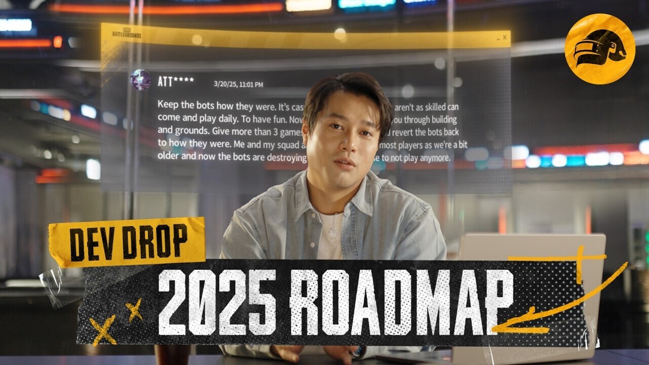 한 남성이 노트북 앞에 앉아 있으며, 배경에는 게임 개발 관련 메시지와 'DEV DROP 2025 ROADMAP'이라는 문구가 크게 보인다. 오른쪽 상단에는 노란색 PUBG 로고가 있다.
