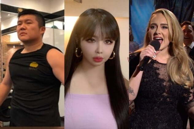 세 명의 인물이 나란히 배열된 사진. 왼쪽은 검은색 민소매 운동복을 입고 있는 남성, 가운데는 긴 머리에 보라색 오프숄더 옷을 입은 여성, 오른쪽은 마이크를 들고 노래하는 금발 여성.