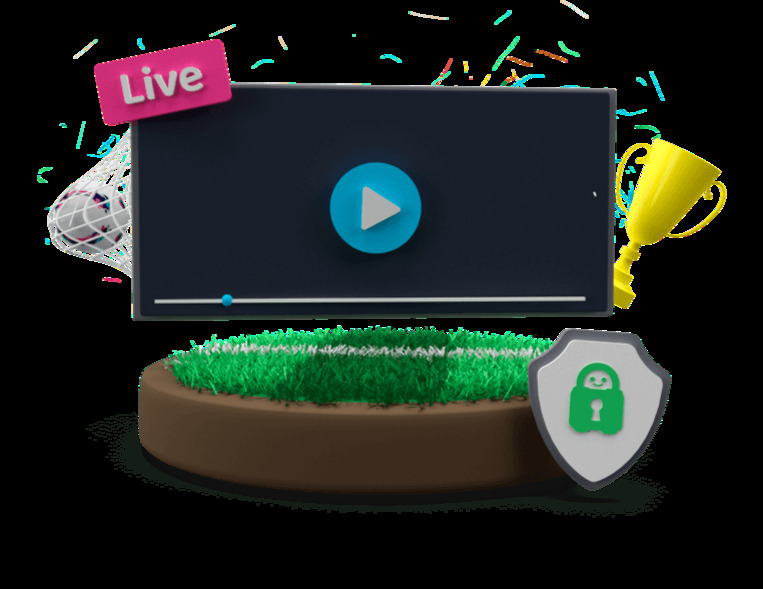 잔디 경기장 위에 'Live' 표시와 재생 버튼이 있는 비디오 플레이어, 금색 트로피, 골대, 보안 아이콘이 함께 배치된 이미지