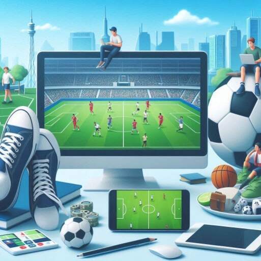 축구 경기가 컴퓨터와 스마트폰 화면에 표시되어 있고, 주변에는 축구화, 축구공, 노트북 등 다양한 스포츠 용품과 전자기기가 놓여 있다. 배경에는 도시의 고층 건물들이 보인다.