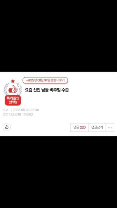 인터넷 커뮤니티 게시글 캡처 이미지. '요즘 신입 남돌 비주얼 수준'이라는 제목과 함께, '독자들의 선택!' 배지와 조회수, 댓글 수 등 정보가 표시되어 있음.