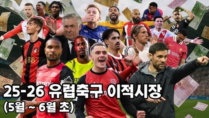 여러 유럽 축구 선수들과 감독들이 배경에 돈이 흩날리는 이미지 위에 모여 있고, 아래에는 '25-26 유럽축구 이적시장 (5월 ~ 6월 초)'라는 한글 문구가 적혀 있다.