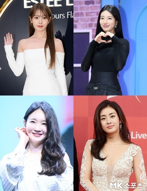 네 명의 여성이 각기 다른 의상을 입고 포즈를 취하고 있는 사진. 상단 왼쪽 여성은 흰색 오프숄더 드레스를 입었고, 오른쪽 여성은 검은색 상의를 입고 손으로 하트 모양을 만들고 있다. 하단 왼쪽 여성은 긴 머리에 밝게 미소 짓고 있으며, 오른쪽 여성은 레이스가 장식된 베이지 드레스를 입었다.