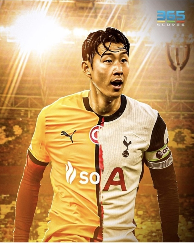 축구 경기장 배경에서 한 남성 선수의 몸이 두 개의 축구팀 유니폼으로 나뉜 합성 이미지. 왼쪽은 노란색 갈라타사라이 유니폼, 오른쪽은 흰색 토트넘 홋스퍼 유니폼을 입고 있다.