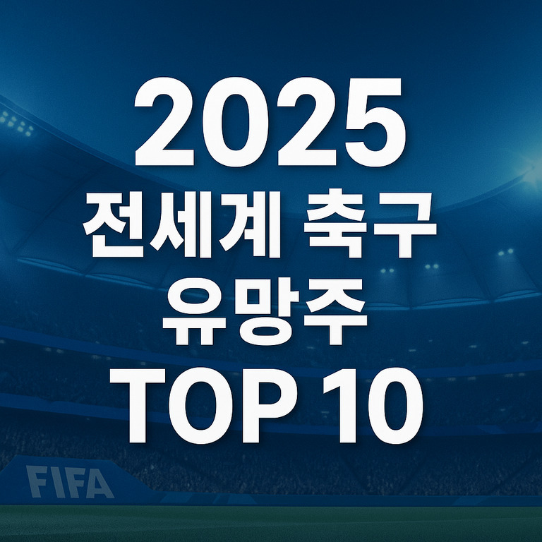 2025 전세계 축구 유망주 TOP 10이라는 문구가 축구 경기장 배경 위에 크게 쓰여 있음