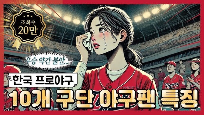 야구 경기장 관중석에서 빨간 유니폼을 입은 여성이 눈물을 닦고 있고, 주변에 다른 야구 팬들도 있다. 상단에는 '조회수 20만', 중앙에는 '승 약간 불안', 하단에는 '한국 프로야구 10개 구단 야구팬 특징'이라는 문구가 적혀 있다.