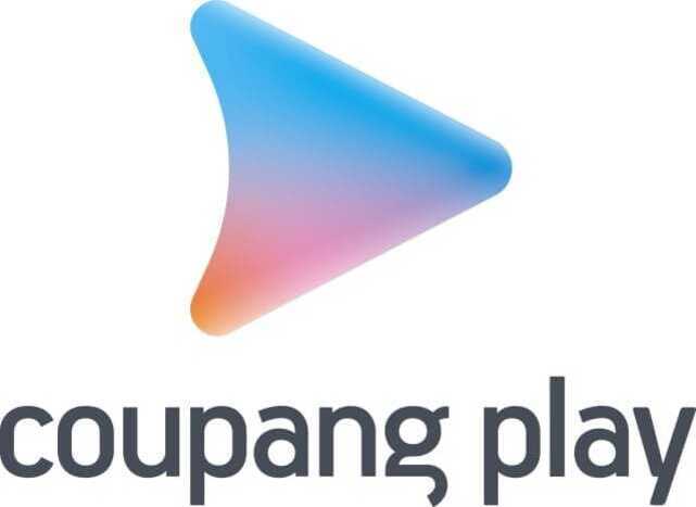 파란색과 분홍색 그라데이션의 삼각형 모양 아이콘 위에 'coupang play'라는 글자가 있는 로고 이미지