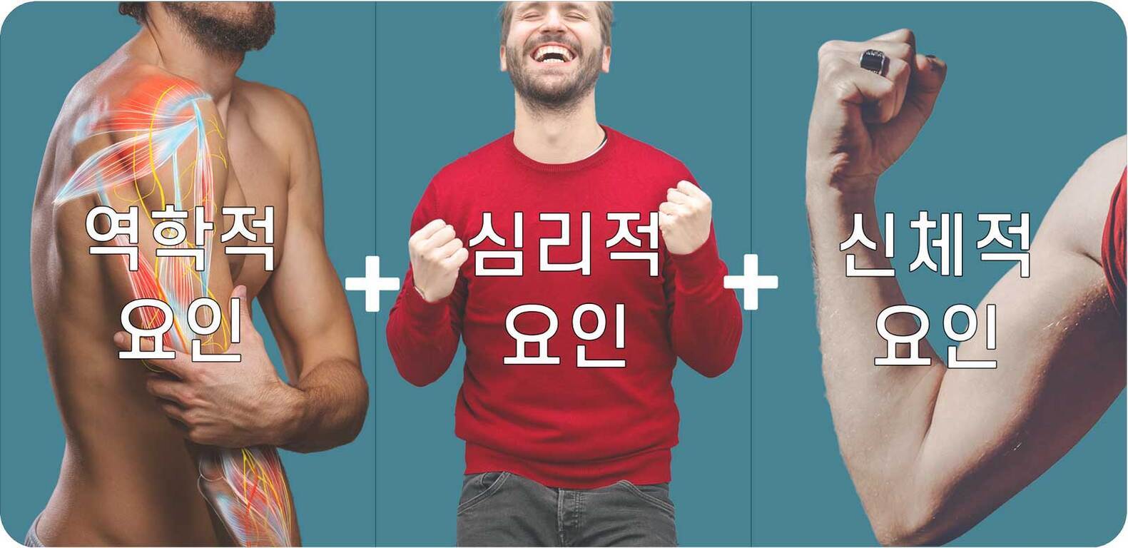 왼쪽에는 근육 해부도가 그려진 남성의 팔, 가운데는 빨간 옷을 입고 기뻐하는 남성, 오른쪽에는 힘을 준 팔이 보이며 각각 '역학적 요인', '심리적 요인', '신체적 요인'이라는 글자가 적혀 있다.