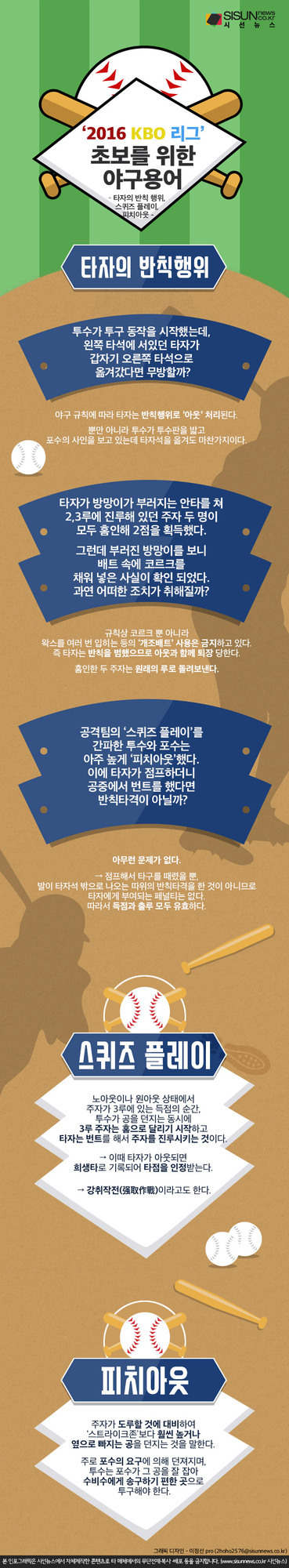 2016 KBO 리그 초보를 위한 야구 용어 설명 인포그래픽. 타자의 반칙행위, 스퀴즈 플레이, 피치아웃에 대한 정의와 예시가 삽화와 함께 정리되어 있다. 야구공과 방망이 일러스트가 상단에 있고 각 용어별로 파란색 박스 안에 설명이 적혀 있다.