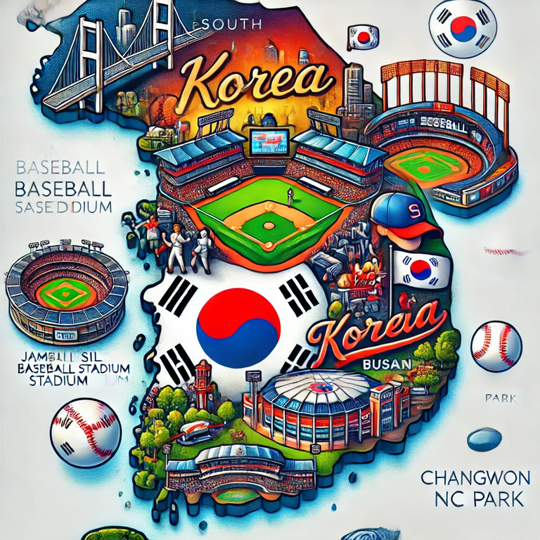 한국 지도 위에 여러 야구장이 일러스트로 그려져 있고, 태극기와 야구 관련 아이콘, 그리고 각 도시별 주요 야구장 이름이 표시되어 있는 이미지