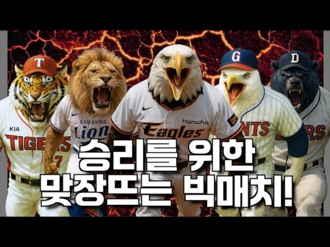 KBO 리그 각 팀의 동물 마스코트(호랑이, 사자, 독수리, 갈매기, 곰)가 야구 유니폼을 입고 포효하는 모습. 배경은 번개가 치는 강렬한 분위기이며 '승리를 위한 맞장뜨는 빅매치!'라는 문구가 있음.