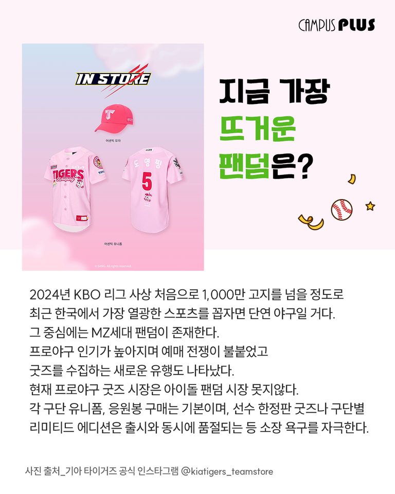 KBO 리그 팬덤과 굿즈 트렌드를 소개하는 이미지로, 분홍색 기아 타이거즈 유니폼과 모자가 배경에 놓여 있다. 오른쪽에는 '지금 가장 뜨거운 팬덤은?'이라는 문구와 야구공 일러스트가 있고, 하단에는 프로야구 굿즈 시장의 성장과 팬 문화에 대한 설명이 적혀 있다.