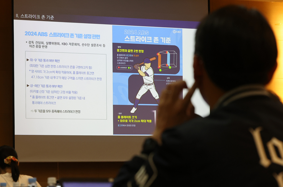 야구 경기 규정 관련 프레젠테이션 화면을 바라보는 사람, 화면에는 2024 ABS 스트라이크 존 기준에 대한 설명과 그림이 표시되어 있다.