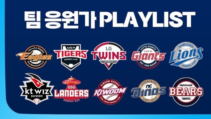KBO 리그 10개 프로야구팀(한화 이글스, KIA 타이거즈, LG 트윈스, 롯데 자이언츠, 삼성 라이온즈, KT 위즈, SSG 랜더스, 키움 히어로즈, NC 다이노스, 두산 베어스) 로고가 배열된 이미지와 '팀 응원가 PLAYLIST'라는 문구