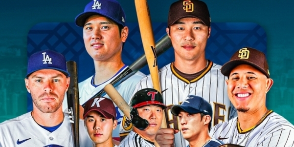 여러 명의 야구 선수가 모자와 유니폼을 입고 배트를 들고 있는 모습