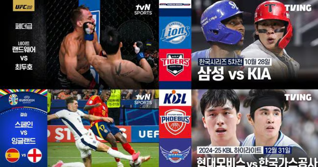 격투기, 야구, 축구, 농구 등 다양한 스포츠 경기 장면과 대진표가 4분할로 배치된 이미지