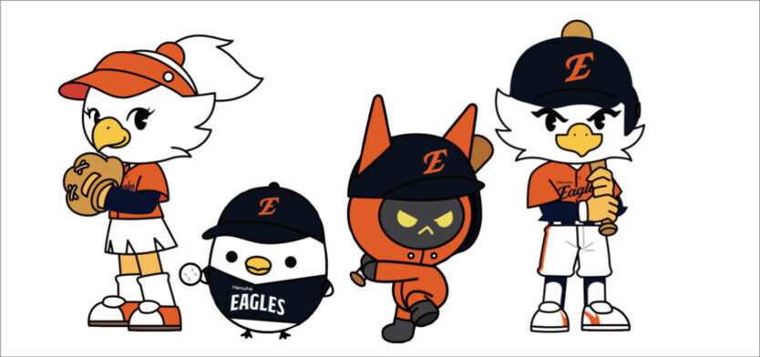 한화 이글스 야구팀의 마스코트 캐릭터 네 명이 유니폼과 모자를 쓰고 야구용품을 들고 서 있는 모습