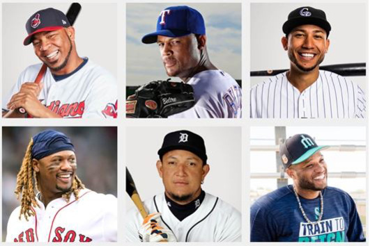 여섯 명의 메이저리그 야구 선수들이 유니폼을 입고 각기 다른 포즈를 취하고 있는 사진.