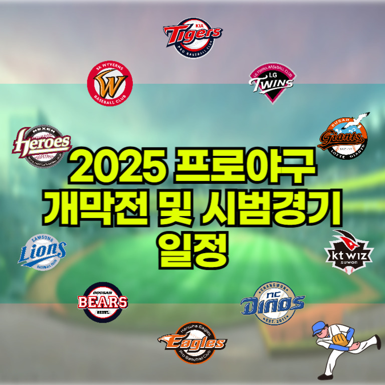 2025 프로야구 개막전 및 시범경기 일정 안내 이미지, 10개 KBO 구단 로고와 야구장 배경이 포함됨.