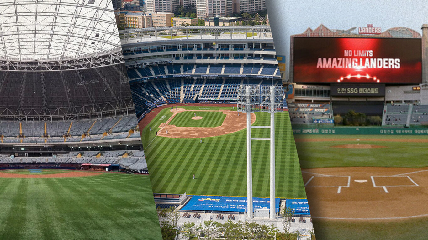 세 개의 다른 야구장이 나란히 합성된 이미지로, 각 구장의 내부와 관중석, 그리고 그라운드가 보인다.