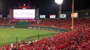 야구 경기장에서 많은 관중이 붉은색 옷을 입고 경기를 응원하고 있다. 조명이 켜진 야간 경기이다.