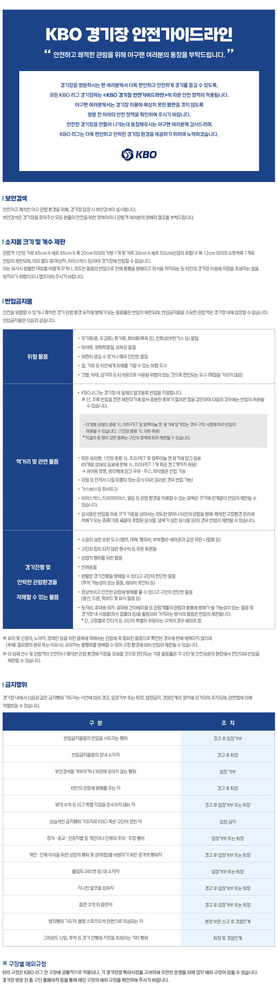 KBO 경기장 안전가이드라인 안내 포스터. 안전한 관람을 위한 보안검색, 소지품 크기 및 개수 제한, 반입금지물품(위험 물품, 먹거리 관련 물품, 경기진행 및 관람환경을 저해할 수 있는 물품) 목록과 세부 규정 안내. 금지행위와 이에 따른 조치사항 표로 정리. 구장별 예외규정에 대한 주의사항 포함.